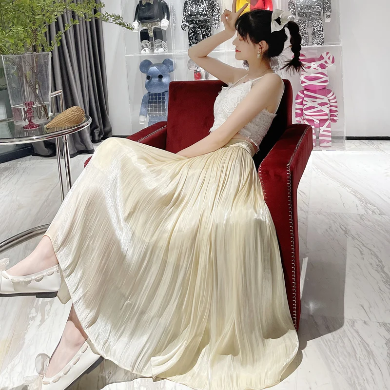 Silk A-Line Midi Skirt High Waist Slimming Versatile Silk Smooth Pleated Long Spring Autumn Women's Faion Ele  Color