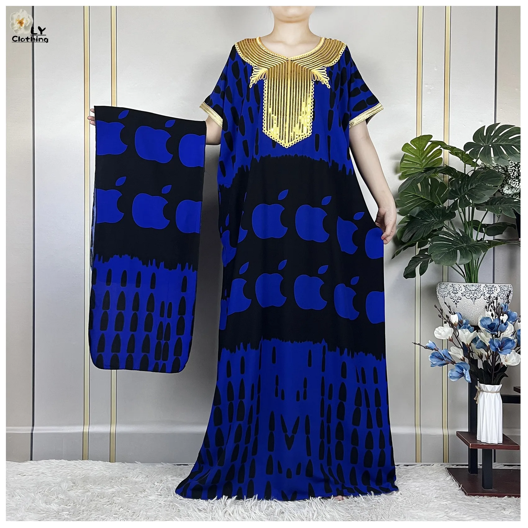 New Summer African Muslim Lady's Short Sleeve Dress Printing Sequinse Loose Boubou Maxi Islam Women Cotton Dress Abaya Clothes