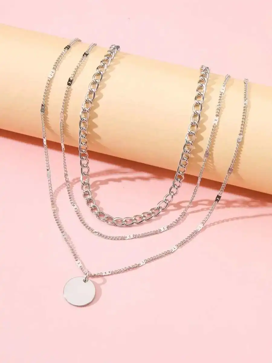 

Layered Chain Necklace With Round Pendant For Women Party Gift