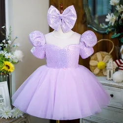 Purple Sequins Flower Girl Dress For Wedding Shining Puffy Short Sleeves Princess Birthday Party First Communion Ball Gowns