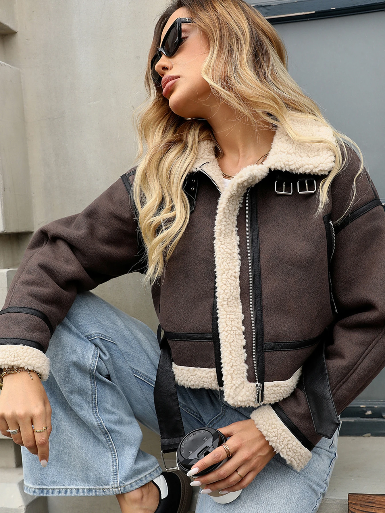 Women's Faux Shearing Fur Bomber Jacket Cropped Aviator Leather Coat Outerwear
