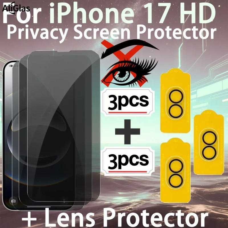 3 Stück Anti-Spion-Displayschutzfolien mit 3 Stück Kameraobjektivschutz für iPhone 11 12 13 14 15 16 17 Pro Max 16E Air 15 14Plus Glas