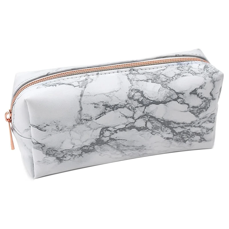 White Marble PU Stationery Pencil Case Pouch Makeup Bag With Zip For Girls Woman's Teenagers