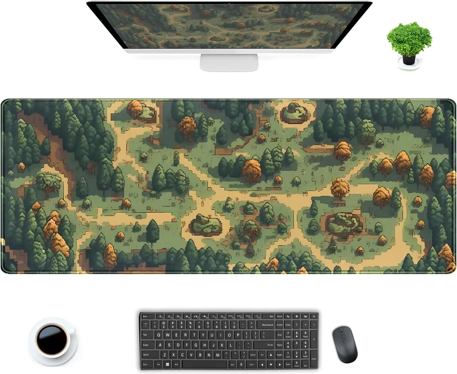Retro Pixel Large Desk Mouse Pad,Vintage Game Style Forest Map Path Green Nature Scene Art Print, Non‑Slip Mat For Gaming Office