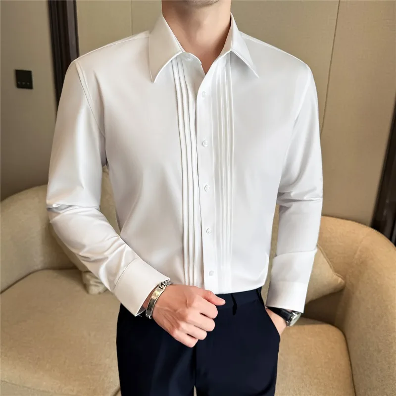 

Мужская рубашка высокого качества, деловая, однотонная, повседневная, приталенная, с длинным рукавом, формальная, для жениха, для свадьбы, для вечеринки, мужская одежда