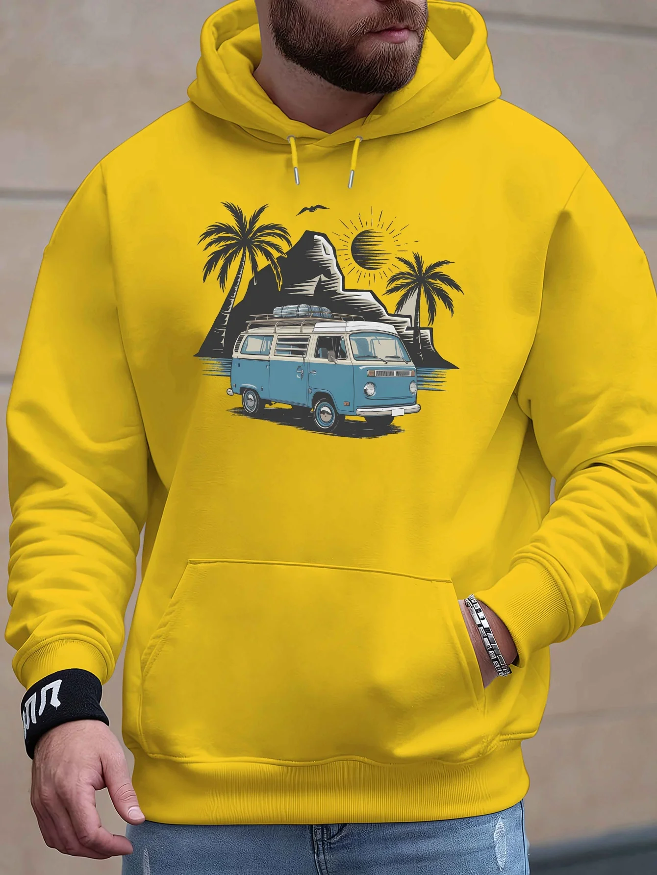 Men's Fall/Winter Fashion Hooded Sweatshirt with Blue Bus and Palm Tree Print for Commuting Street Strolling and Home Leisure