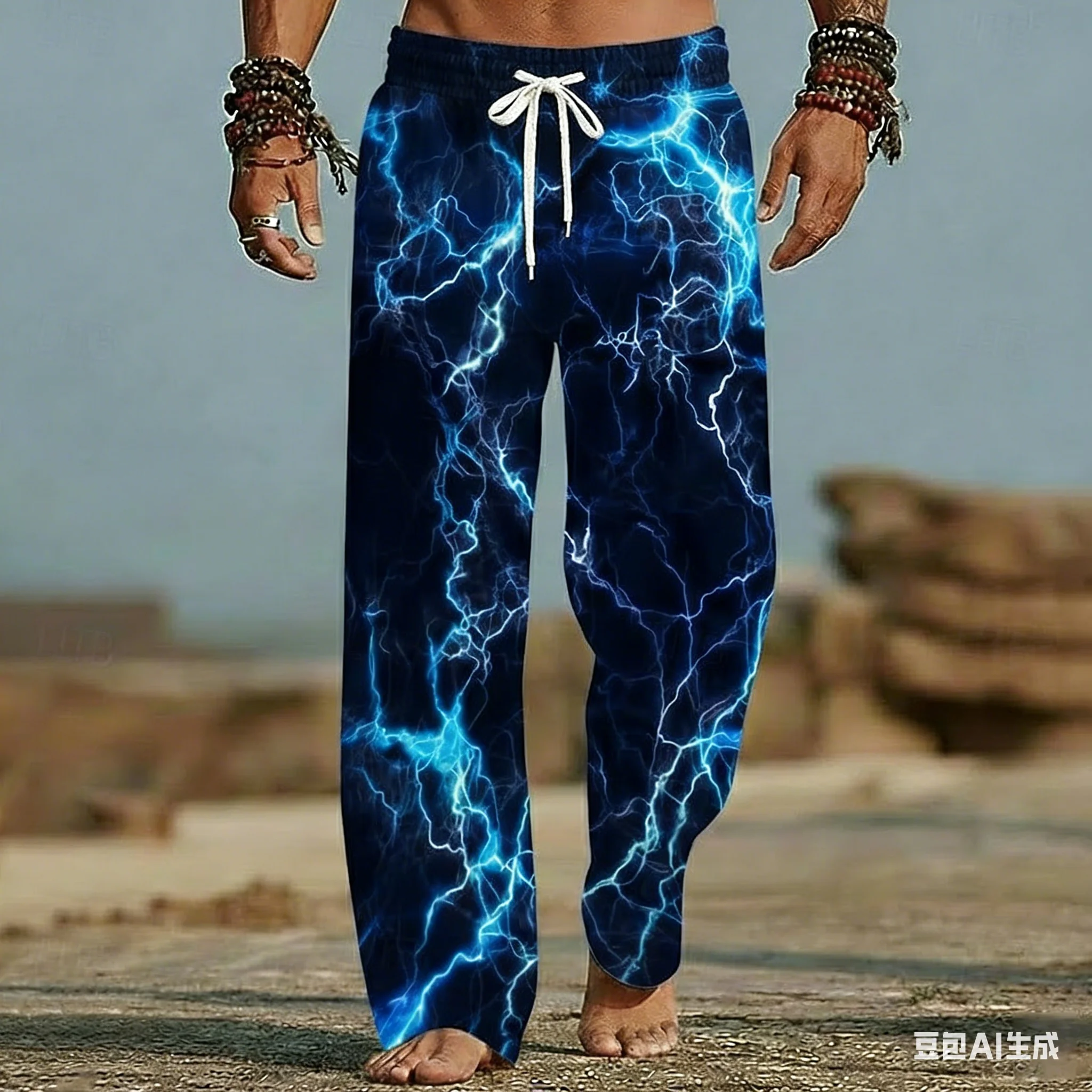 Women's Beach Pants with Lightning Patterns 3D Printed Wide Leg Elastic Casual Summer Vacation Loose Breathable Unisex Pants