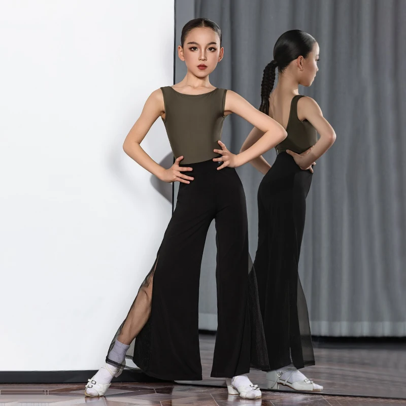 

Girls Split Suit Latin Dance Practice Costume Backless Jumpsuit Mesh Pants Chacha Rumba Tango Latin Dance Training Wear DN21215
