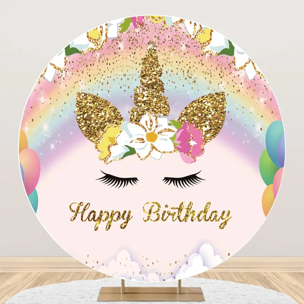 Tableclothsfactory Rainbow Unicorn Round Backdrop Gold Glitter Unicorn Floral Girls Baby Birthday Circle Cover For Photo Booth