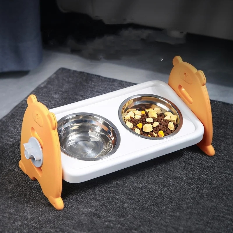 Elevated Stainless Dog Bowls with Bamboo Stand Tilted Adjustable Raised Puppy Cat Food Water Bowls Holder Pet Feeder Accessories