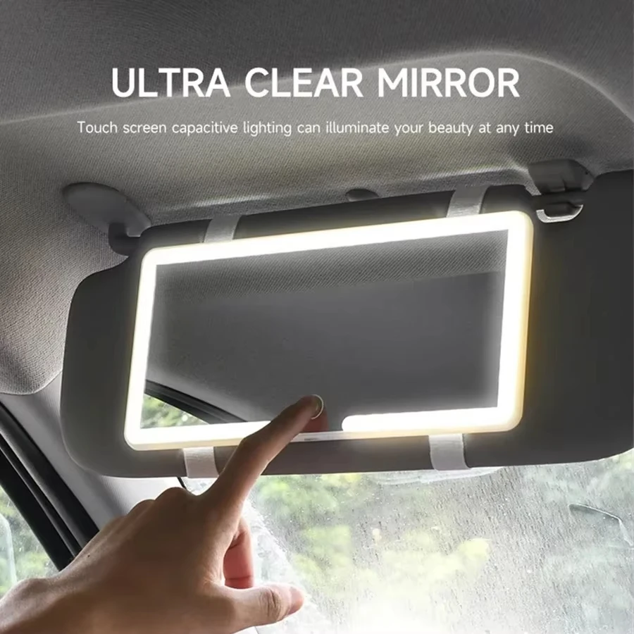 3 Led Light Modes Stepless Dimming Visor Makeup Mirror Rechargeable Touch Sensor Cosmetic Mirror Large Screen Car Vanity Mirror