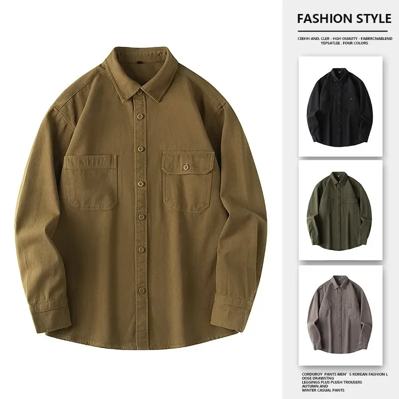 

LIBIELIY 2025 Autumn New Cotton Washing Men's Shirt Hong Kong Style Double Pocket Trendy Loose Fit Casual Long Sleeve Shirt