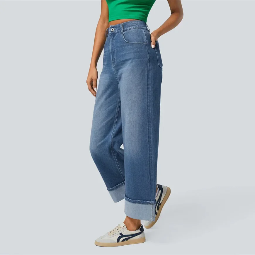 2025 Women Spring Cross-border Fashion Mid Waist Pants Loose Straight Jeans Women's Casual Streetwear Wide Leg Pants