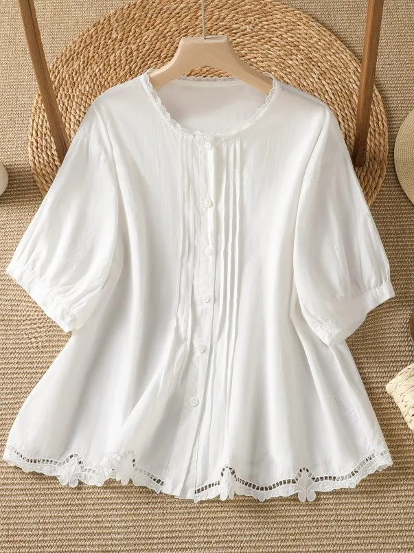

Elegant Hollow out Short Sleeve Shirt Women's Loose Lace Collar Doll Top Breathable Comfortable Vintage Style Summer New Arrival