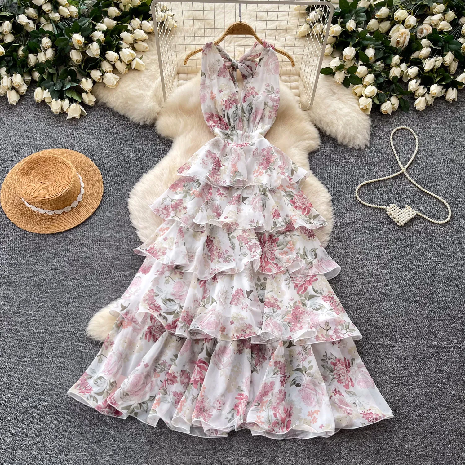 

elegant halter Tierred print sleeveless fairycore A-line dress sweet beach Vacation korean floral women clothing dresses