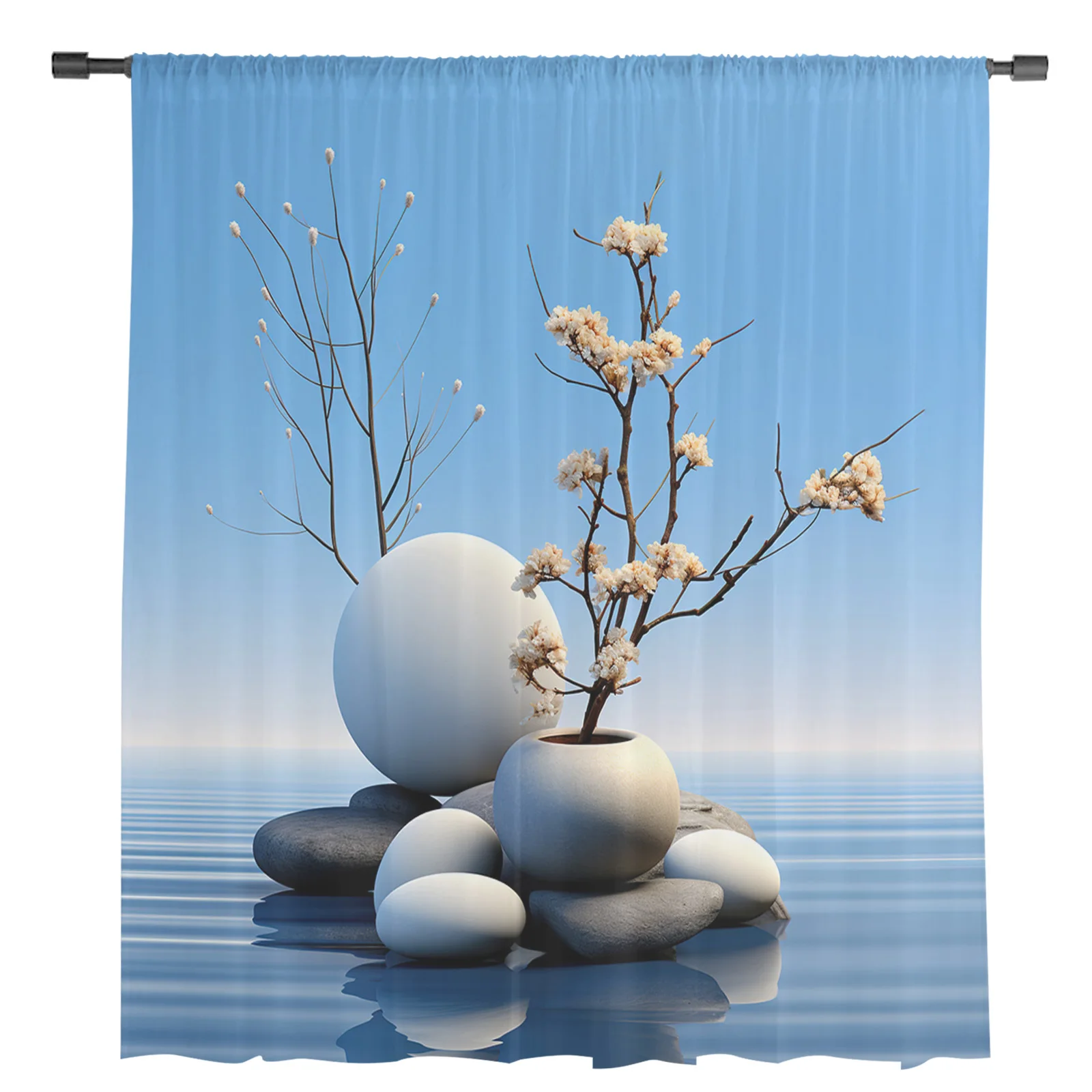 Zen Stones Branch Flower Tulle Curtain for Living Room Bedroom Kitchen Decoration Window Voiles Tulle Curtain