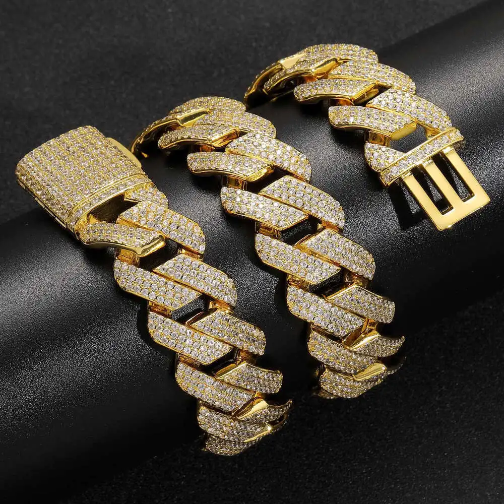 Brass Material 15mm Shiny Diamond Fashion Bracelet Moissanite Cuban Link Chain Necklace