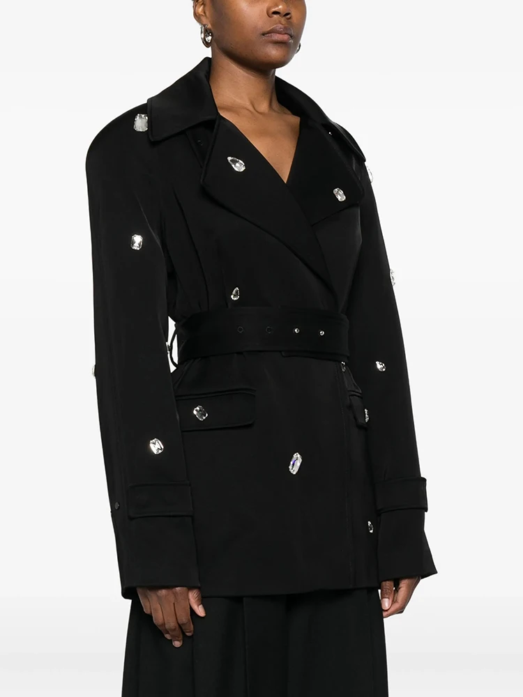 Black Double-Breasted Trench Coat With Silver Button Belted Formal Blazer Women's Stylish Long Sleeve Office Casual Outerwear view 3
