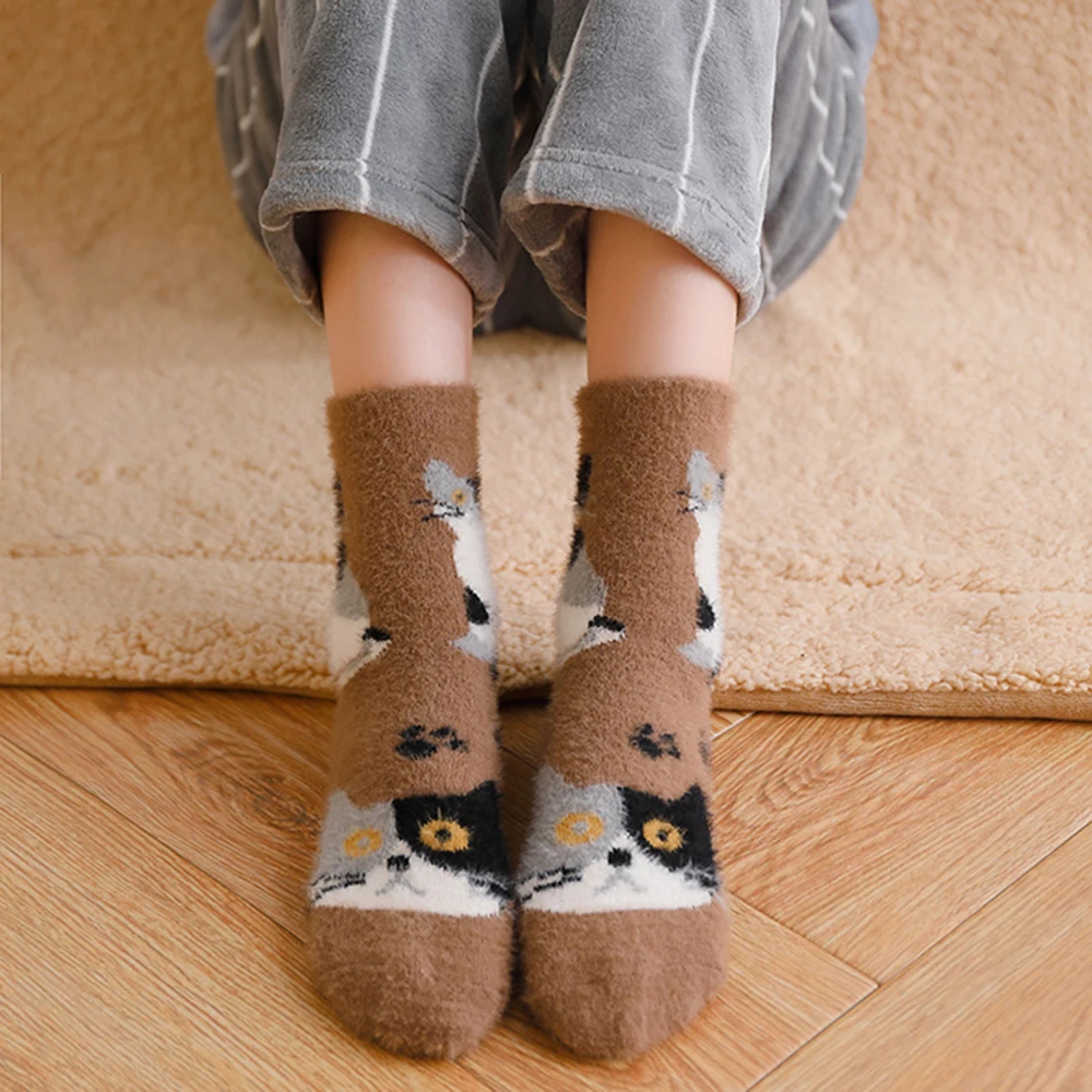 Sweet Home Winter Warm Women Thickening Cute Cat Sock Sleeping Socks Middle Tube Floor Socks Mink Hair Vintage Sleeping Socks