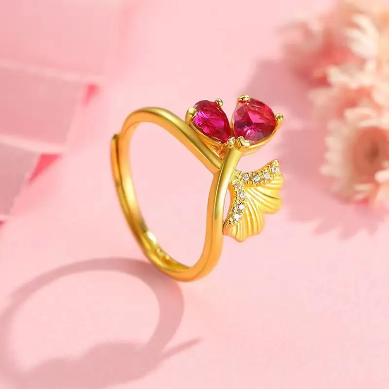 

Ruby Inlaid with 14k Gold Color Gingko Leaves Ring for Women Never Fade Open Rings Wealth Lucky Jewelry Rings Birthday Gifts