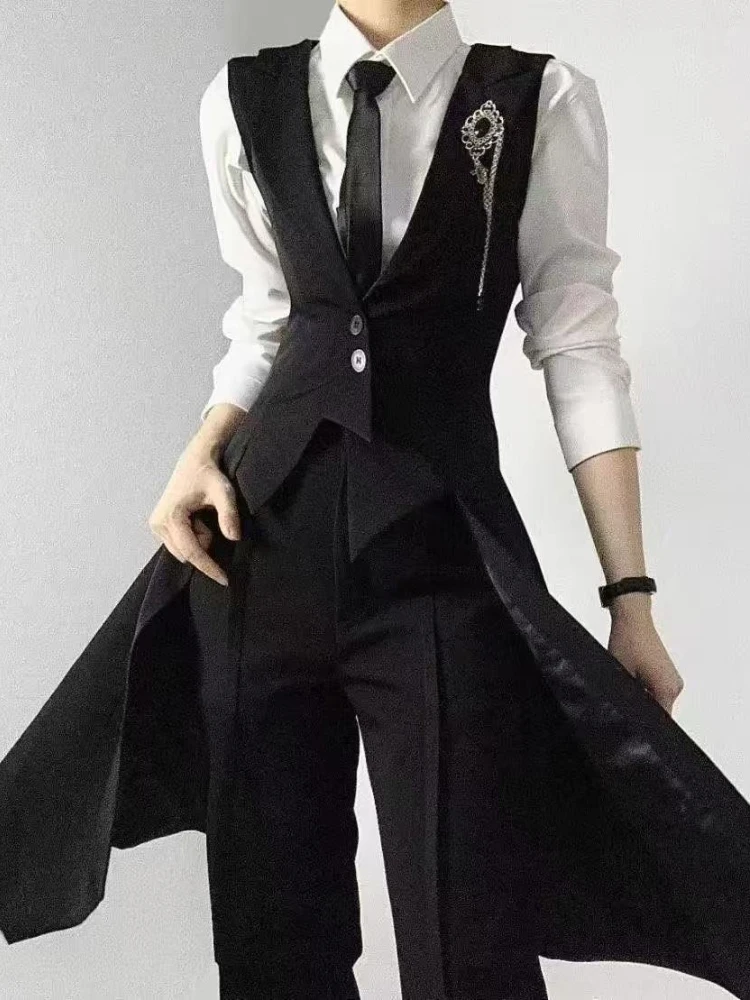 Men's Longline Slim Fit Vest Suit Set Peak Lapel Waist Tight Tuxedo Style Formal Outfit Minimalist Business Ensemble