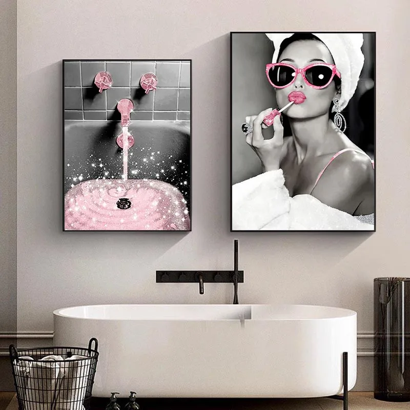 Fashion Sexy Woman Poster Print Girl Drinking Bar Canvas Painting Bling Toilet Roll Paper Picture Modern Wall Art Bathroom Decor