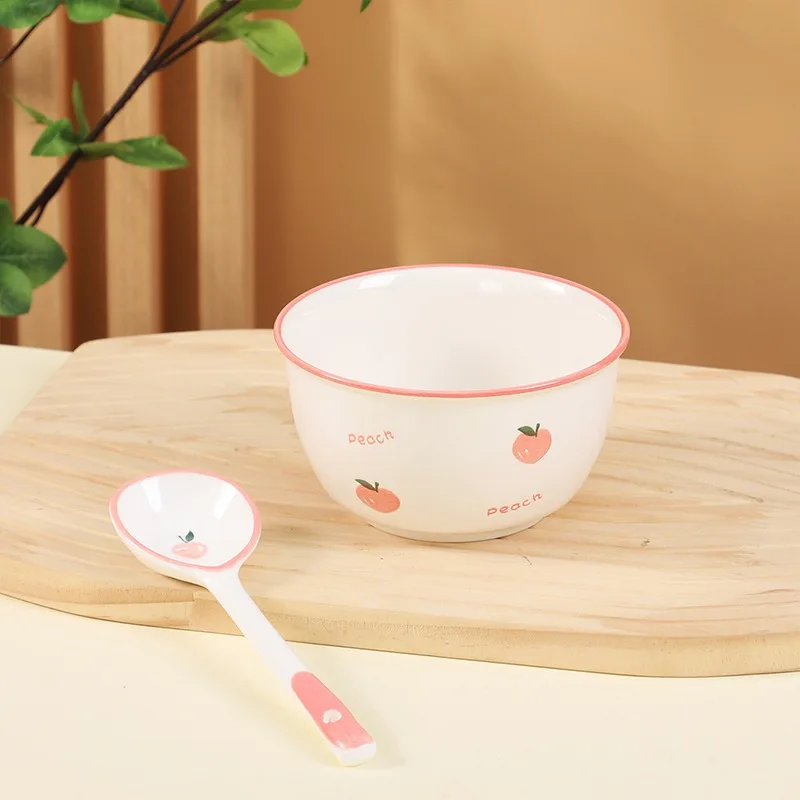 

2 people food household peach ceramic rice high value girl heart tableware children 2 bowls 2 spoons