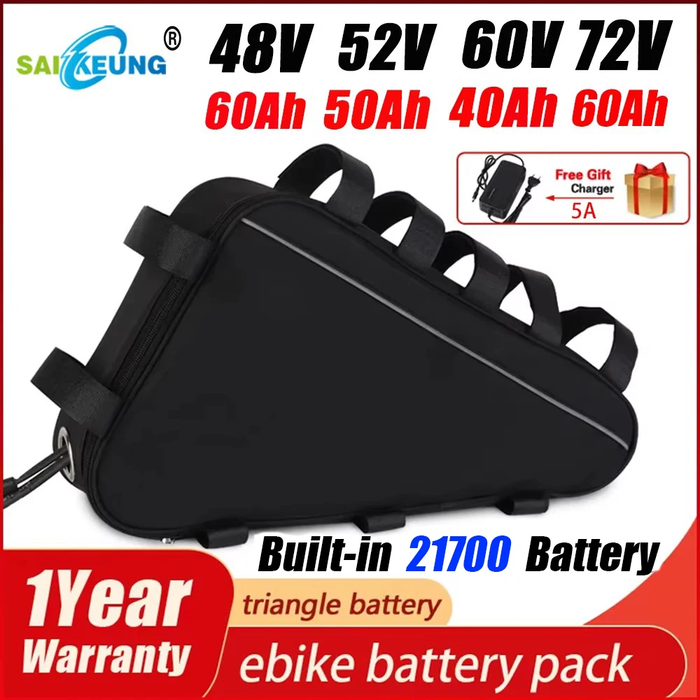 

36 В 48 В 52 В 60 В 72 В Треугольная батарея 20 Ач 24 Ач 30 Ач 40 Ач 50 Ач 60 Ач Большая емкость 2000 Вт 3000 Вт Литиевая батарея для электровелосипеда с зарядным устройством