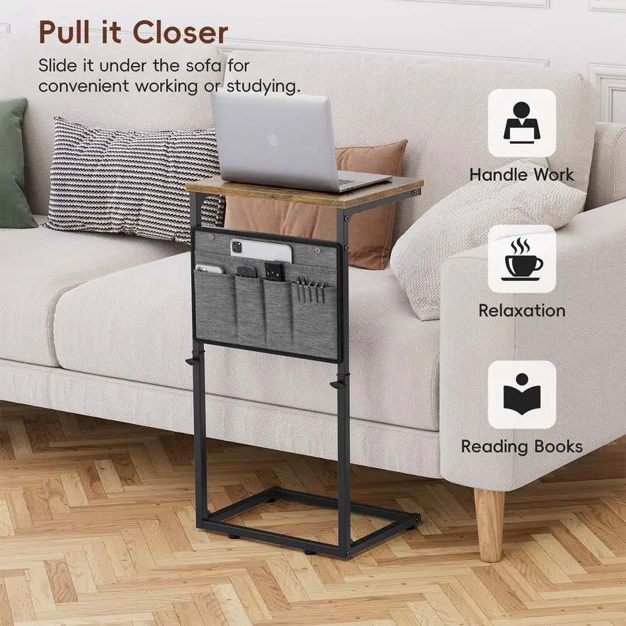 C Shaped End Table, 33 Tall Side Table for Couch, Adjustable Height Small Couch Side Table for Small Spaces, End Table Slide Und