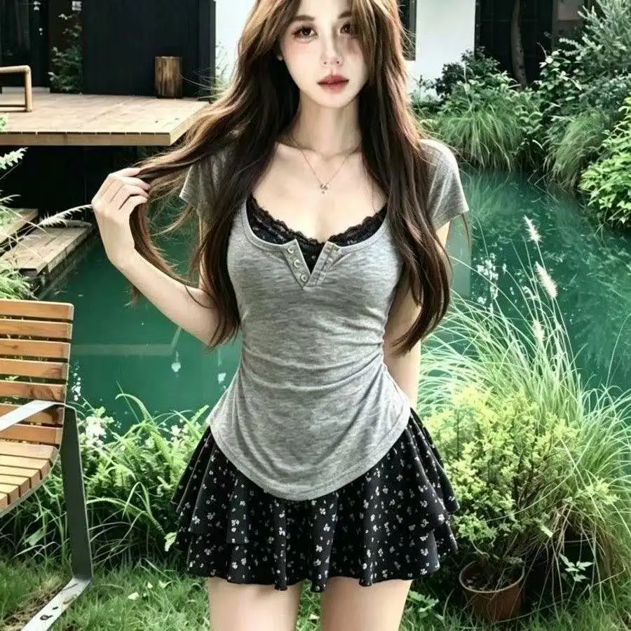 Lolita Style Japanese Sweet 2 Piece Set Woman Casual Slim Tops High Waist Elegant Y2k Mini Dress Fashion Set Chic - view 6