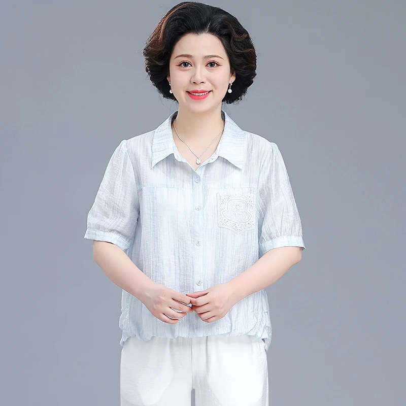 

Young Mom Summer Outfit Cotton Linen Loose Top Women's Faionable ort Sve irt Set for Middle-Aged And ly