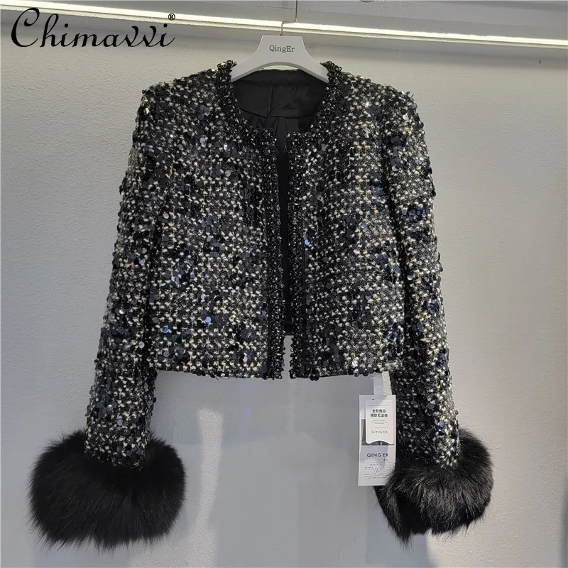 Heavy Thickened Warm Down Liner Jacket Winter New Fashion High-end Sequins Removable Large Fluffy Sleeves Short Coat Women