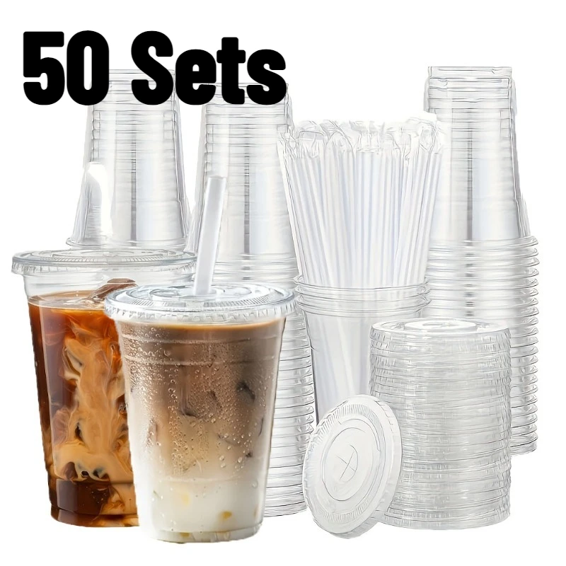 50PCS Einweg Kunststoff Tassen mit Deckel Stroh Milch Tee Tassen Sammeln Party Reise Trinken Smoothie Kaffee Täglichen Getränke Set