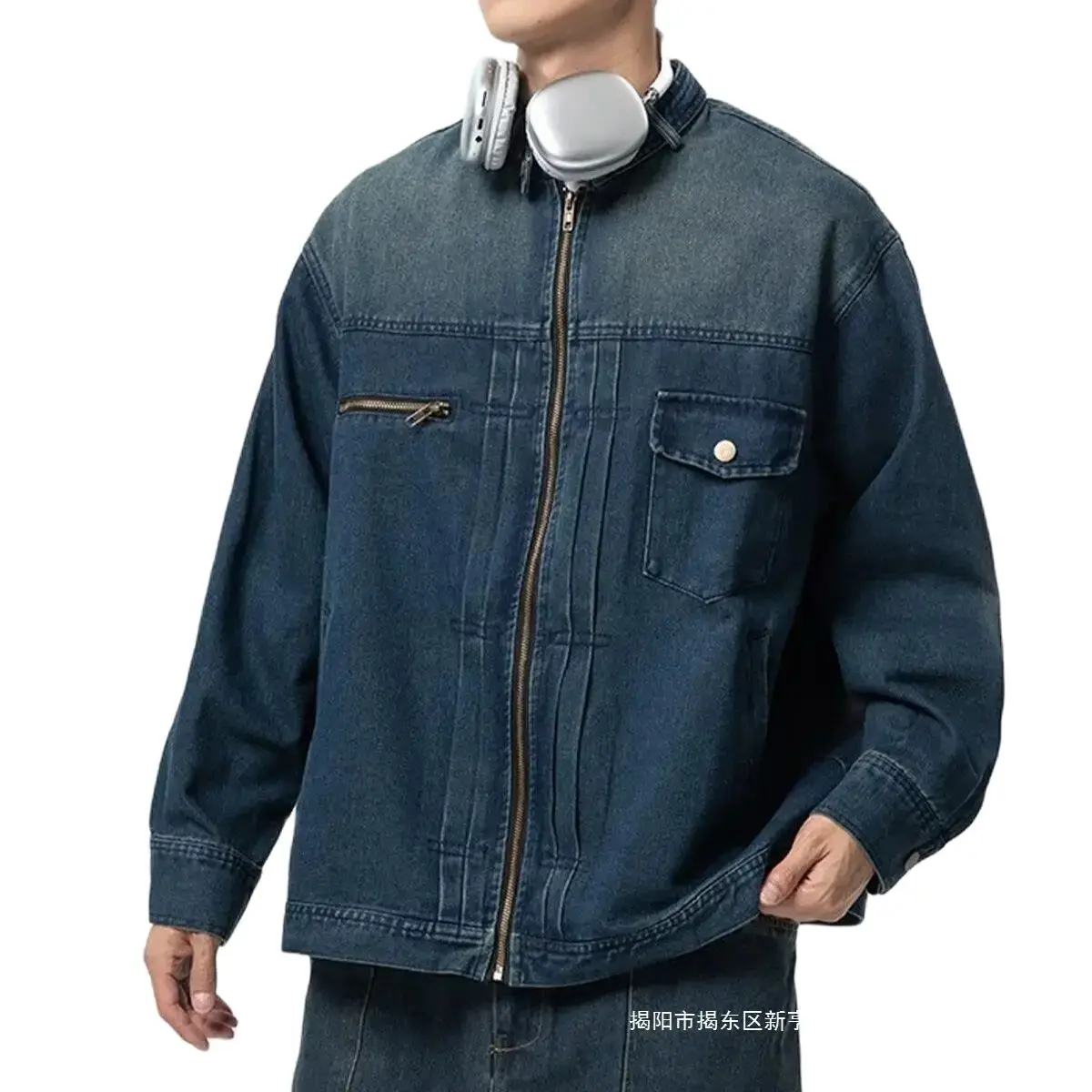 Japanese Denim Jacket Men Women Washed Distressed Loose Cargo Jacket Casual Gradient Coat Zipper Design Street Hip Hop