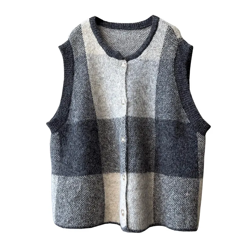 WHTREND Farbe Block Plaid Gestrickte Pullover Weste Für Frauen Rundhals Einreiher Strickjacke Lose Mäntel Mode Herbst Winter