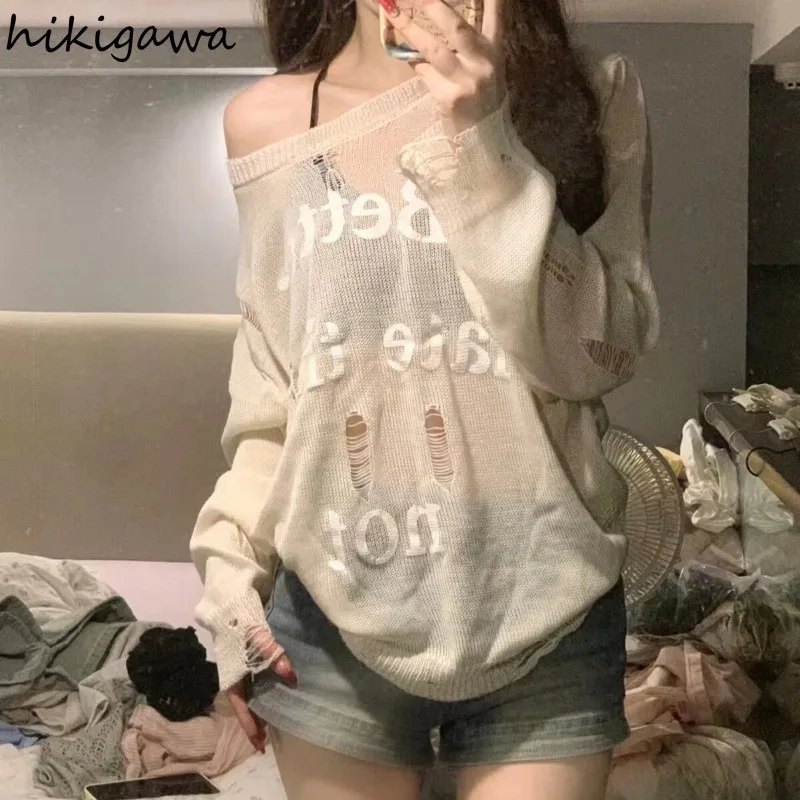 

Streetwear Hole Pullovers Women's Clothes Sueter Mujer Korean Chic Jumper Letter Casual Pull Femme Knitting See Through Sweater