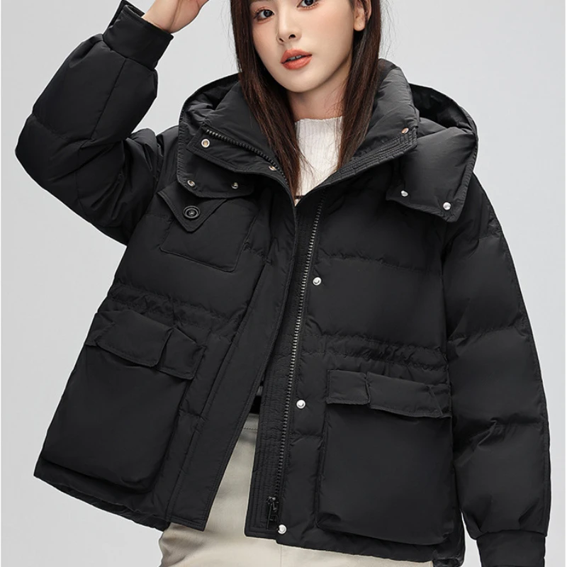 Short Women Jacket Korean Coats Down Fashion Simple Casual Puffer Coat Hooded Drawstring Loose Outerwear Warm Thick Down Jackets