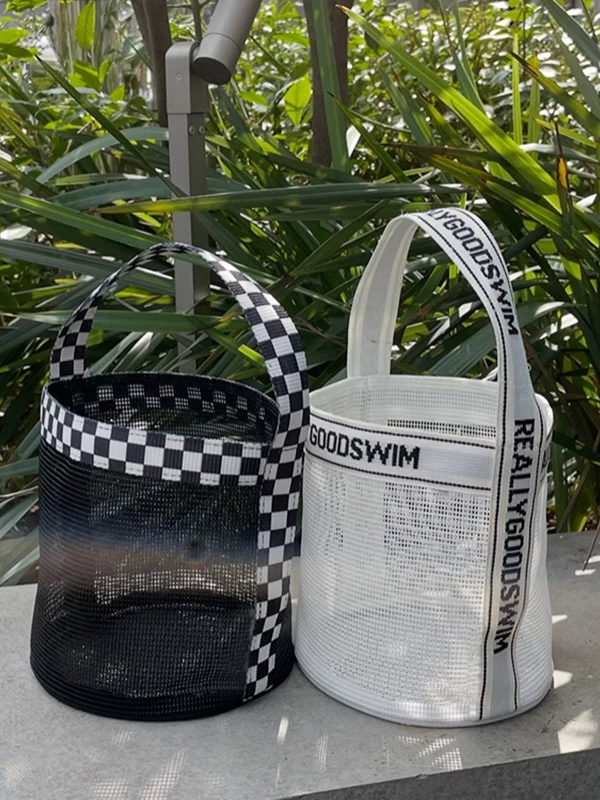 휴대용 수영 가방 비치 타월 여행 수영복 보관 버킷 세탁 가방 메쉬 배수 가능 내구성 원통형 가방