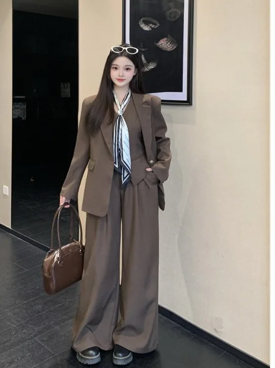 

plus Size Women's High Waist Floor Length Jacket Suit Korean Style Loose Fit Long Sleeve Button Detail Autumn Fashion Set
