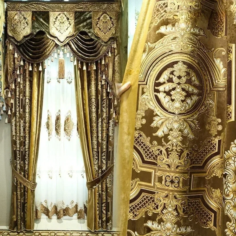Golden yellow luxury thickened jacquard embossed blackout velvet blackout curtain Curtains for Living dining room bedroom
