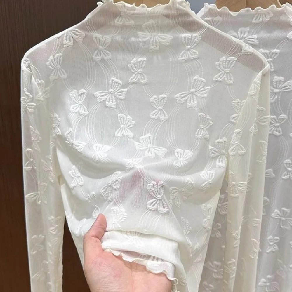 Hollow Out Lace Bottomed Blouse Half High Collar Blouses Lace See Through Tops Long Sleeve Bowknot Basic Undershirt Women