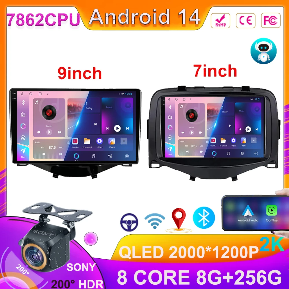 

Car Android 14 For Toyota Aygo Peugeot 108 Citroen C1 2016 -2020 Multimedia Video Player GPS Navigation Radio Auto Carplay