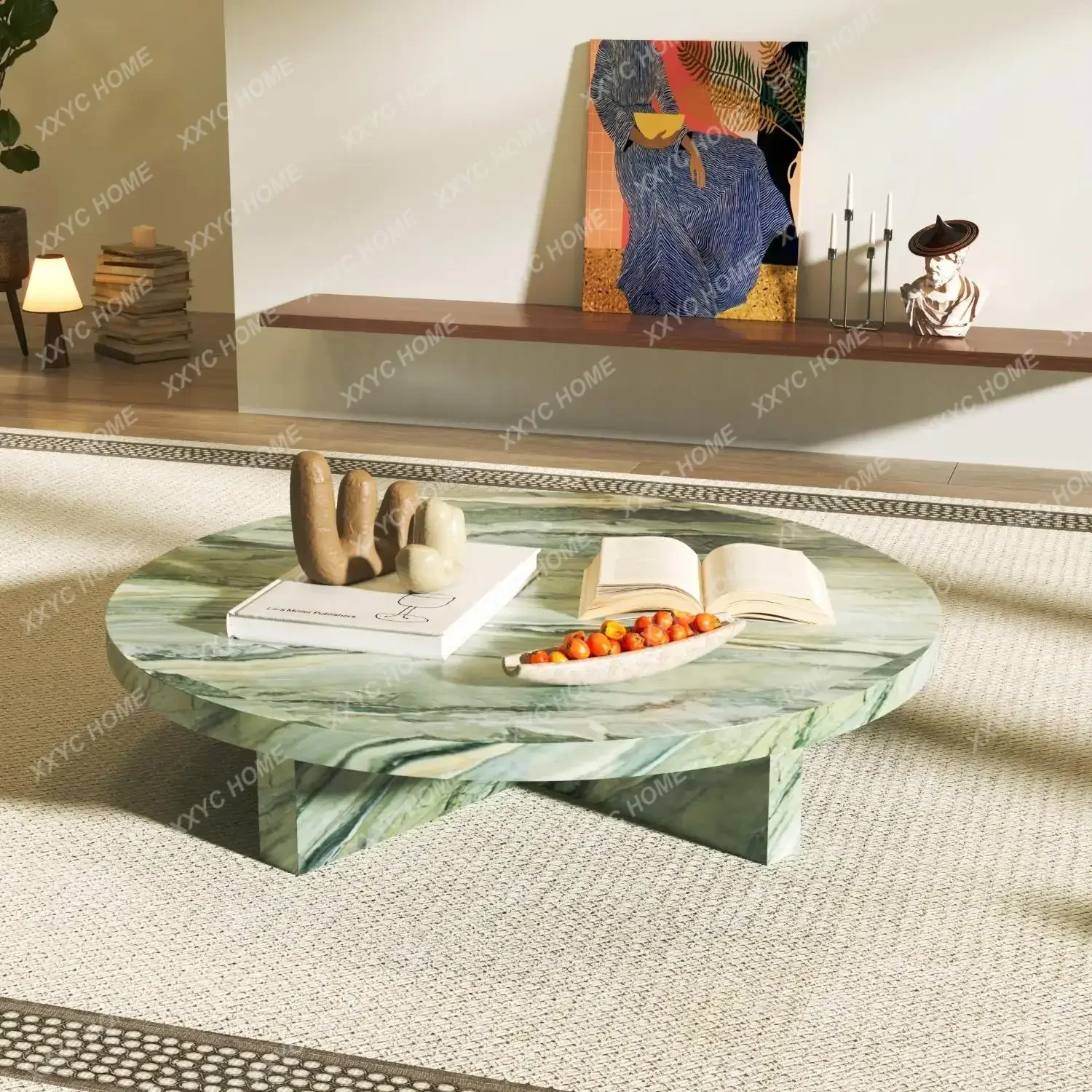 

L"Pink Jade Round Coffee Table - Luxury Marble Slate Side Table for Spacious Living Room, High-End Stone Tea Table"