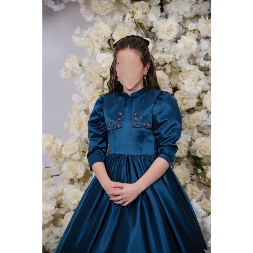 

High Neck Half Sleeve A Line Classic Formal Flower Girl Dress Floor Length Pleat Elegant First Communion Dress Customized
