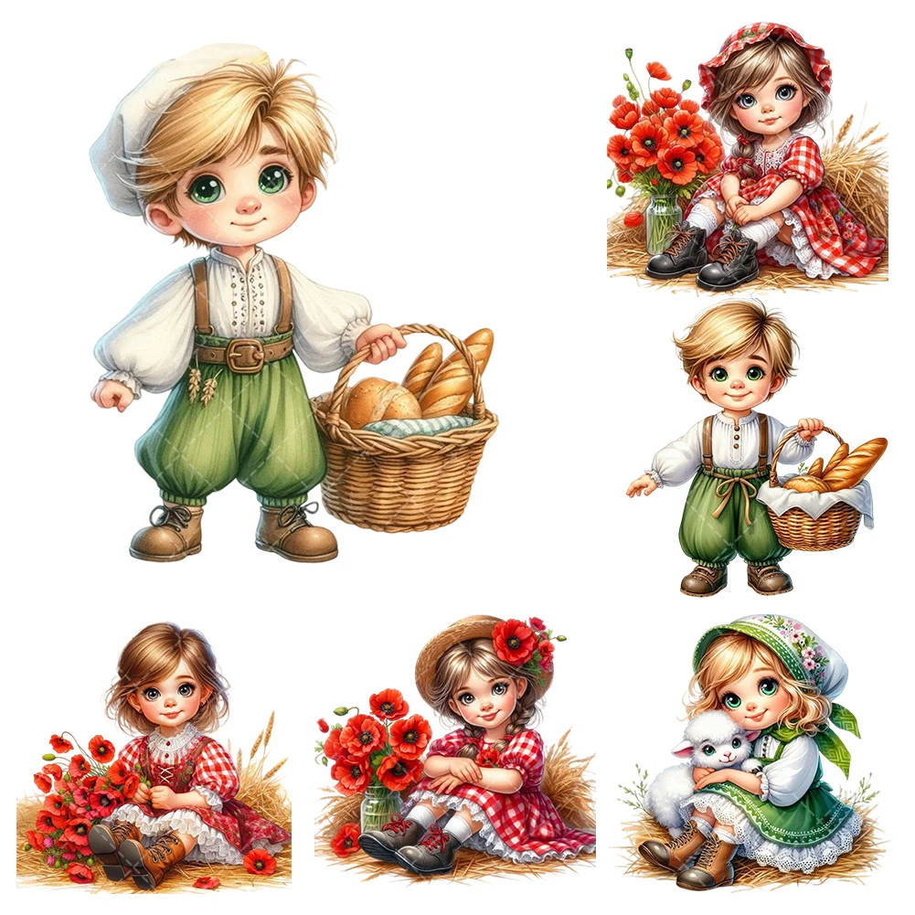 

Cute Little Girl Series Rural Girl Heat Transfer Stickers Iron On Clothes Bags DTF Vinyl Thermal Appliques Washable DIY Patches