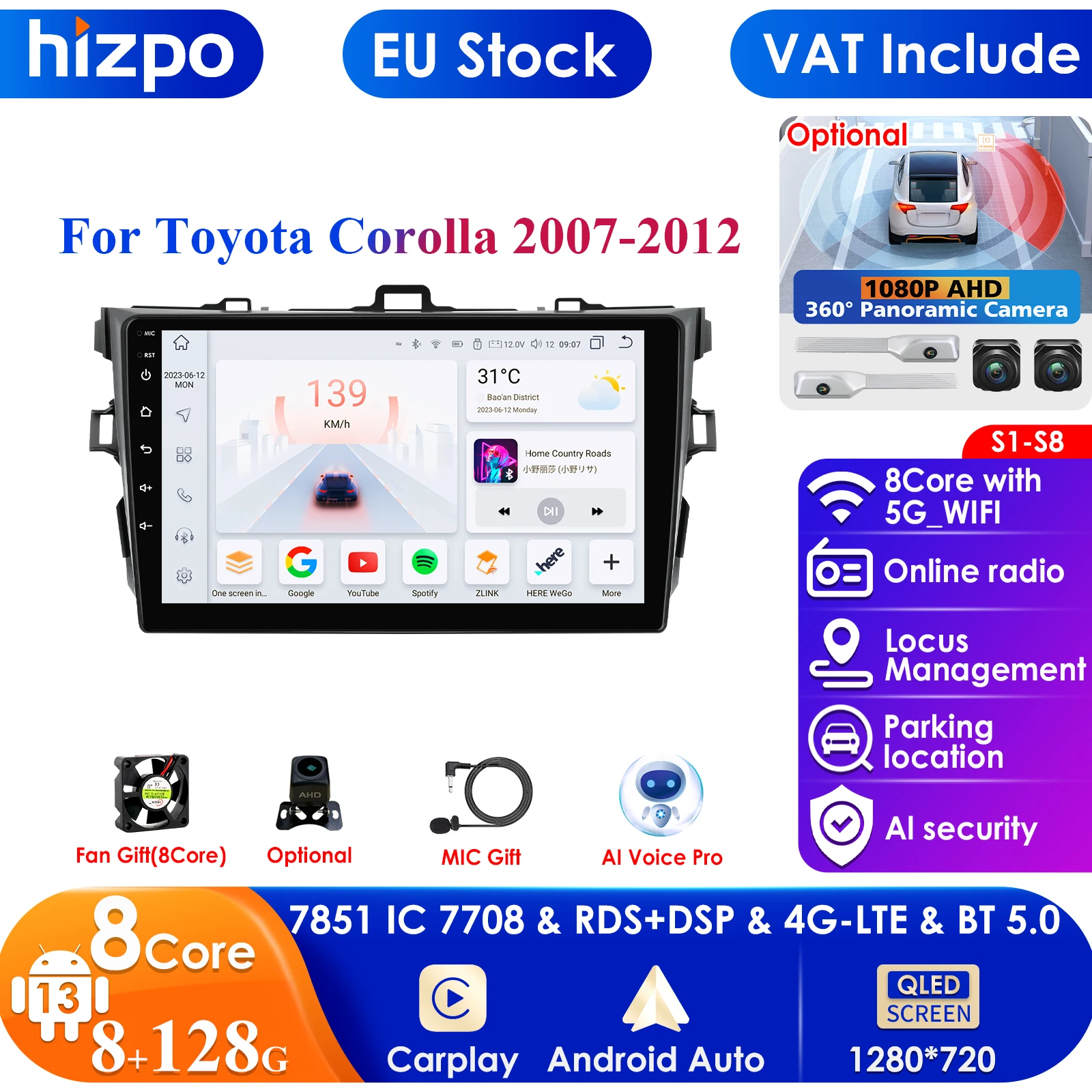 Hizpo 9 Inch 7862 Car Intelligent Screen Android 13 Car Radio for Toyota Corolla 2007 - 2011 Navigation GPS Carplay Auto 4G WIFI