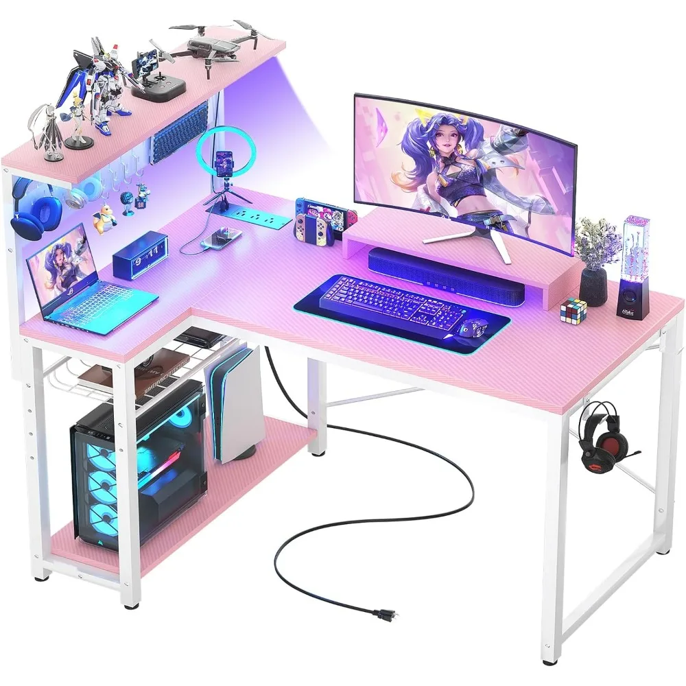 Small Gaming Desk with Power Outlets Pegboard LED Light, 43 Inch L Shaped Computer Desk with Monitor Stand Storage Shelves