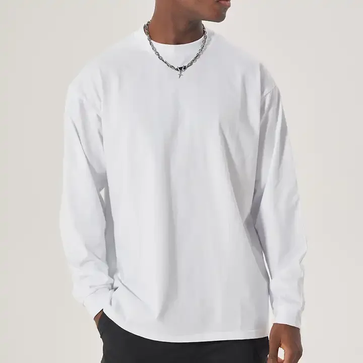 300GSM Heavyweight Autumn Long Sleeves T Shirt for Men 100%Cotton Plain Shirt O-Neck White Tops Oversized Men\'s Clothing