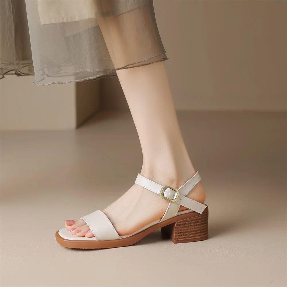 Taoffen Casual Women\'s Sandals Summer One Word Belt Square Heel Roman Sandals Handmade Female Open Toe Metal Buckle Strap Shoes