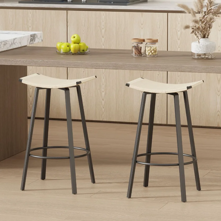 

Counter Height Bar Stools Backless Handwoven Kitchen Dining Chairs with Round Footrest PVC Weaving Pub Stool for Indoor Outdoor
